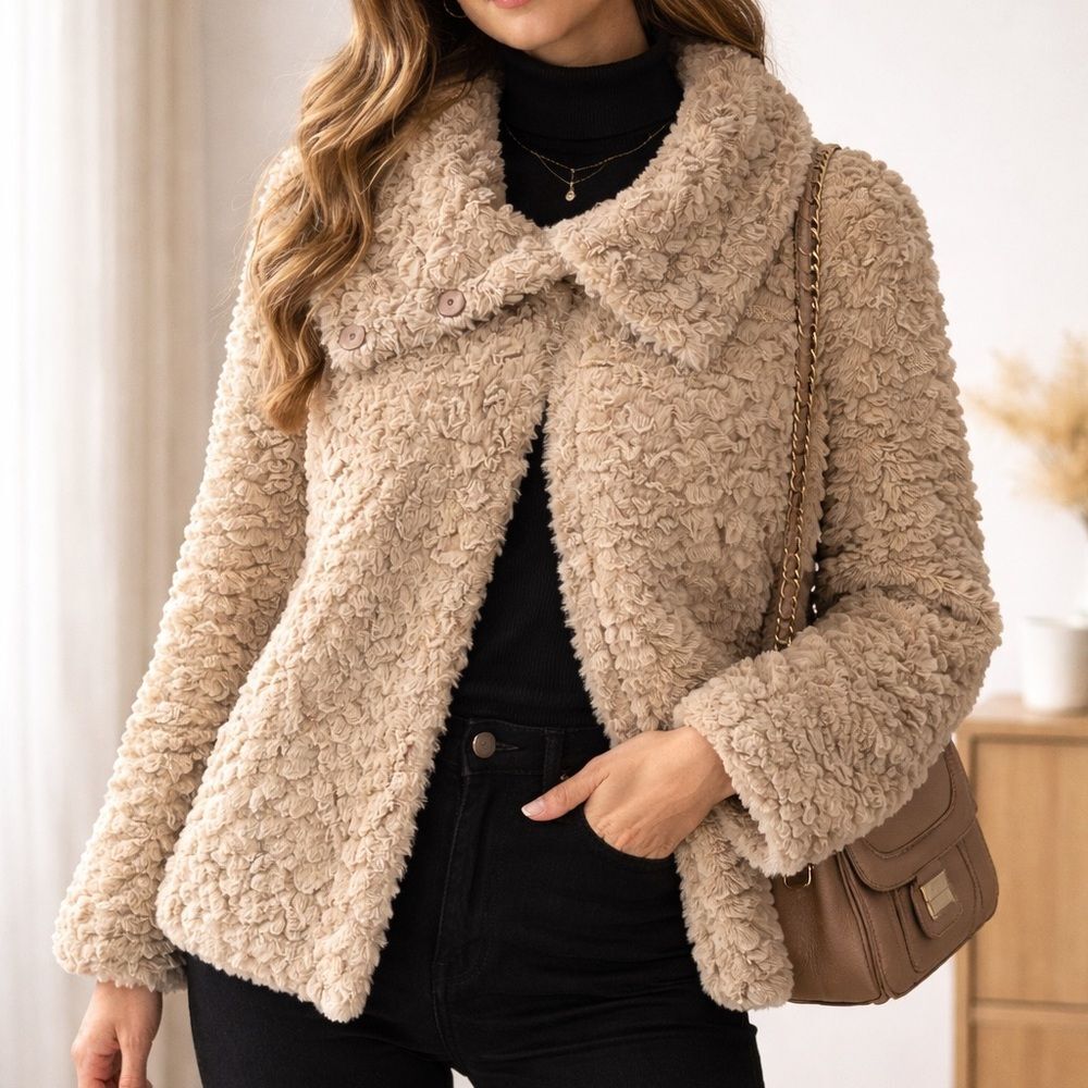 Soft Textured Faux Fur Jacket Neutral Cozy Statement Layer